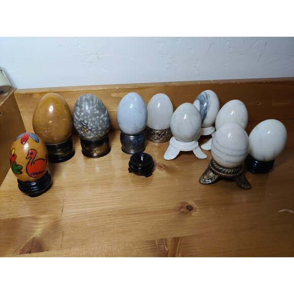 Vintage Marble Alabaster Granite Stone Eggs Lot of 10 Hand Carved W 11 Stands